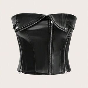 Asymmetrical Black PU Leather Corset Top